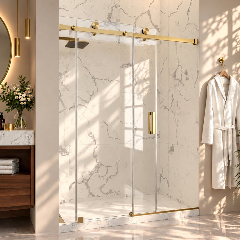 Serienty 56-60"W x 76'' H Single Sliding Frameless Shower Door with 3/8" (10mm) Clear Glass in Brushed Bronze, 76" H x 60" W
