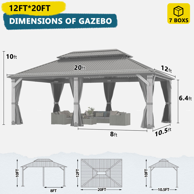 20 ft. W x 12 ft. D Outdoor Wood Gazebo, Hardtop Gazebo Permanent Cedar Wooden Gazebo with Galvanized Steel Double Roof
