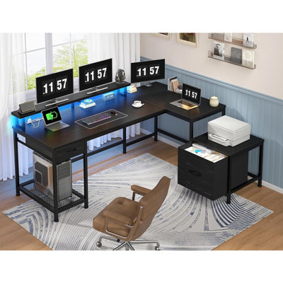 Bureau en L avec tiroirs et tablettes de rangement pour imprimante