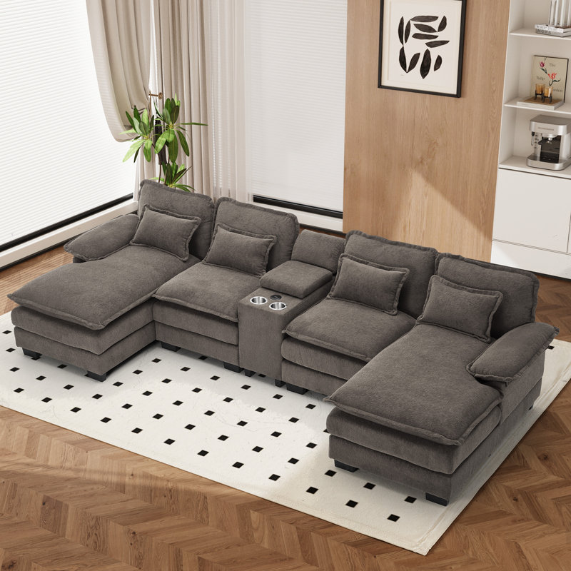 5 Piece U Shape Sectional Sofa Cloud Couch Double Chaise Sectional Couch with Console, Stone Grey Chenille