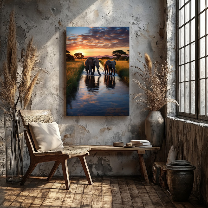 Toile, "Un paysage serein au coucher du soleil avec trois majestueux éléphants marchant", H 12 po x l 9 po