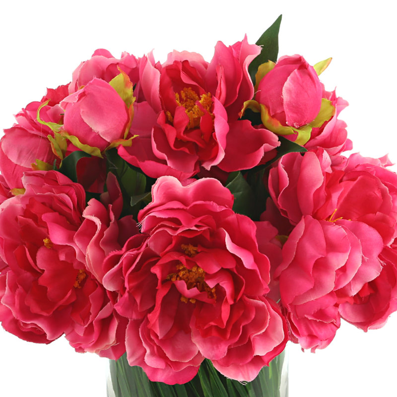 Peony Arrangement in Glass Vase with Grass, Light Fuchsia