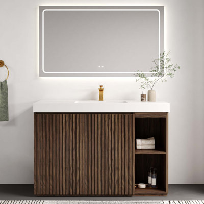 Meuble-lavabo moderne en chêne fumé avec grand rangement et lavabo à quartz intégré