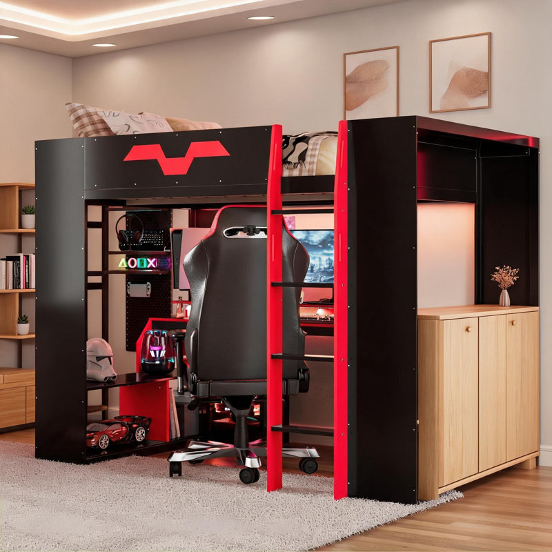Structure de lit mezzanine moderne High-Tech avec lumières RVB intégrées et ports de charge, bois massif rouge riche