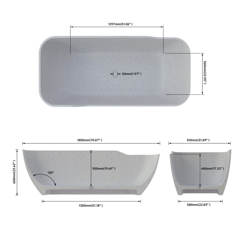 Baignoire de trempage d'extérieur 71 "à surface solide en gris Terrazzo, Gris clair