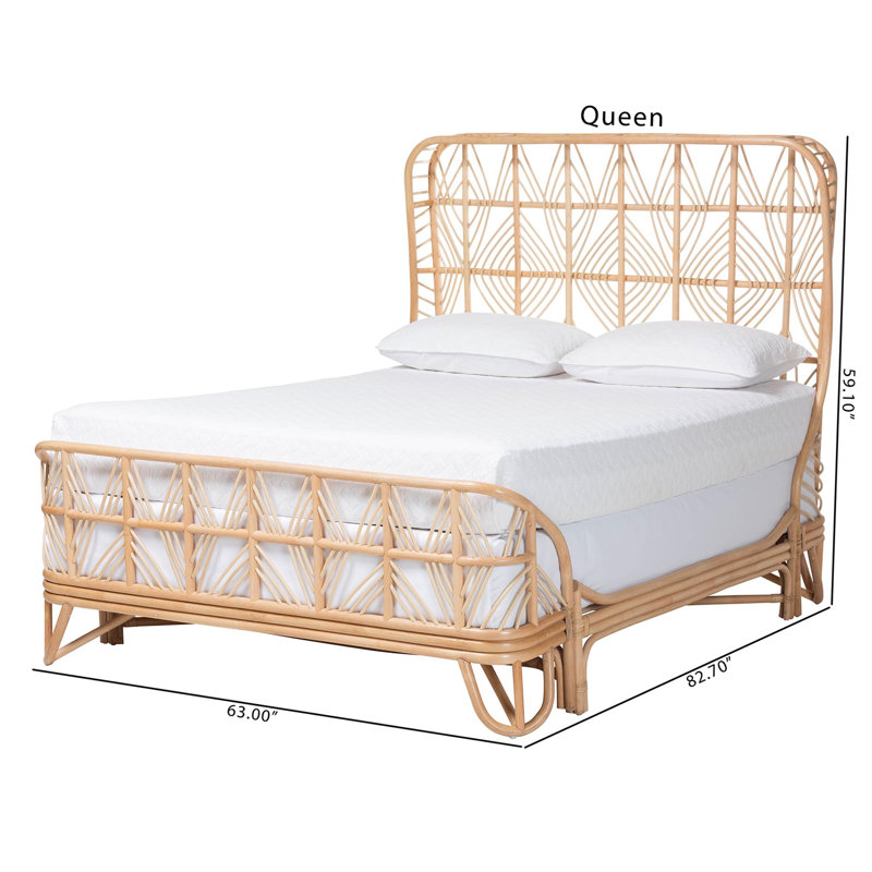 Bali & Pari Hadley Natural Rattan Bed Frame With Openwork Geometry Headboard And Footboard, Tropical Coastal Boho Bedroom Furniture, Queen