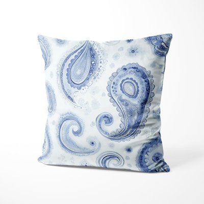 French Country Decorative Throw Pillow - Transitional Blue Vintage Paisley Dreams Printed Cushion
