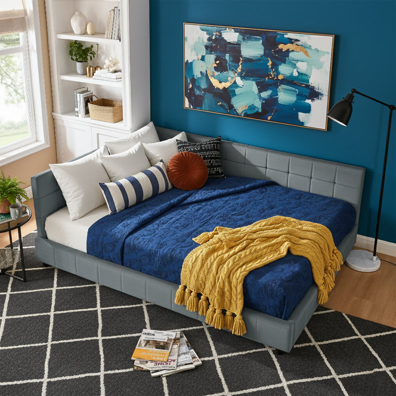 85.5 Inch W Queen Size Upholstered Tufted Daybed Frame With Backrest And Armrests Black Velvet, Gray