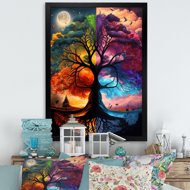«Tree Of Life Day and Night II - Forest», reproduction sur toile, Cadre d'angle fermé noir, H 32 po x l 24 po x P 1 po