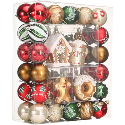 100ct Christmas Ornaments Set – Gingerbread Red, Green & Gold Shatterproof Hanging Balls For Xmas Tree & Holiday Home Décor