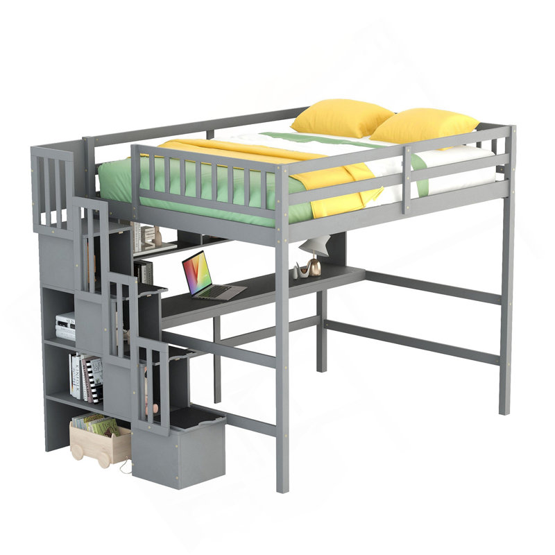 Lit mezzanine double avec bureau, tablettes de rangement et escalier, gris, Gris