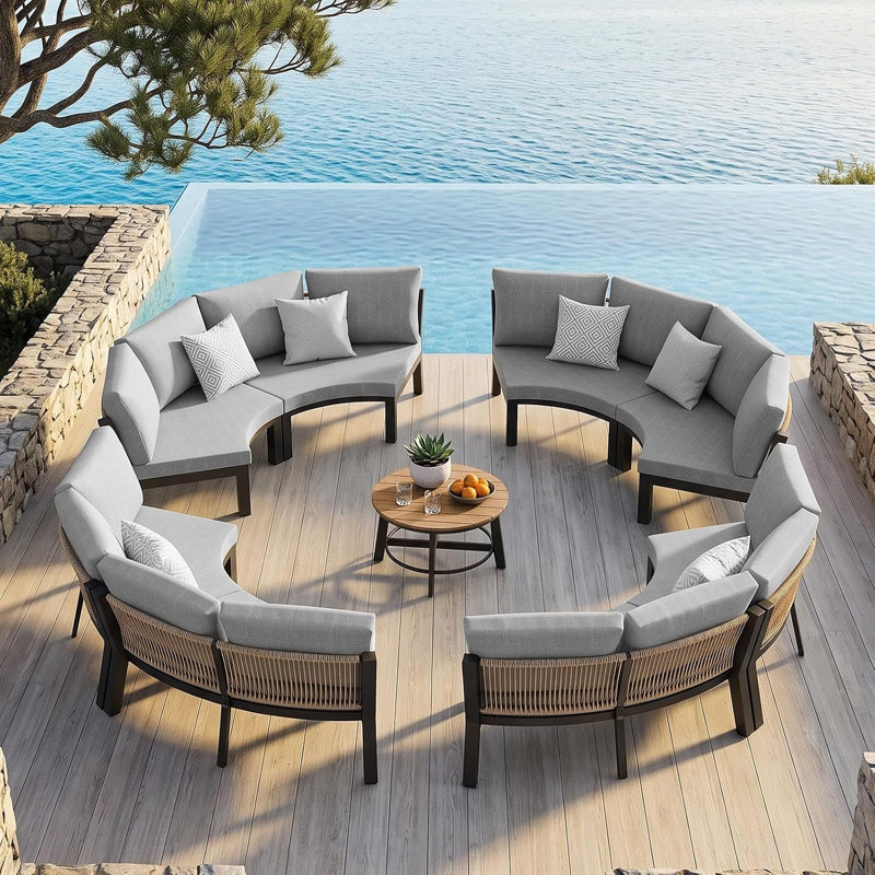 Ensemble de conversation de patio en demi-lune pour 3 personnes avec coussins et table basse, 3 Pcs: Coffee Table, 2 Chairs