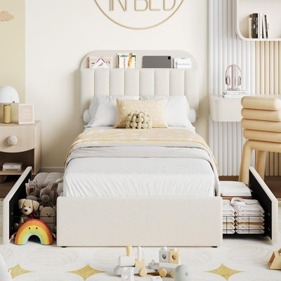 Cadre de lit simple avec 2 tiroirs flexibles, cadre de lit plateforme tapissier avec tête de lit bibliothèque Boucle, cadre de lit pour enfants / filles, assemblage facile, pas de sommier tapissier, silencieux, beige