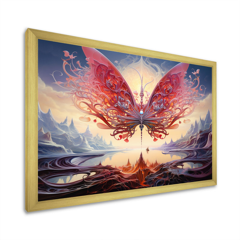 Papillon rose majestueux et futuriste, Cadre doré simple, H 24 po x l 32 po x P 1 po