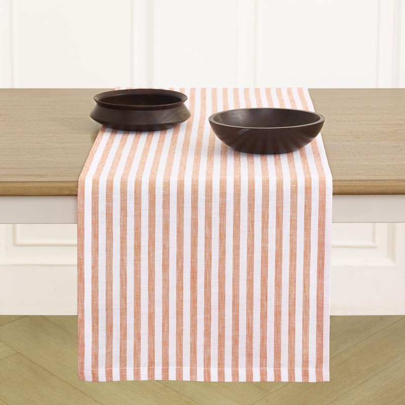 Amalfi Stripe - 100% Pure Linen Table Runner, 60" x 14", Orange/White