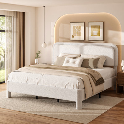 King Size Bed Frame with Headboard, Boucle Upholstered Platform, Modern Style, Soft Rounded Corners, No Box Spring Required, Easy Assembly