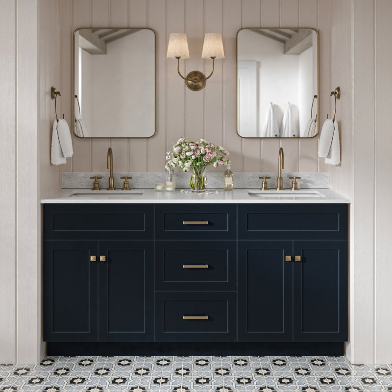 Partham 67" Freestanding Double Bathroom Vanity with Carrara Marble Top, Bleu