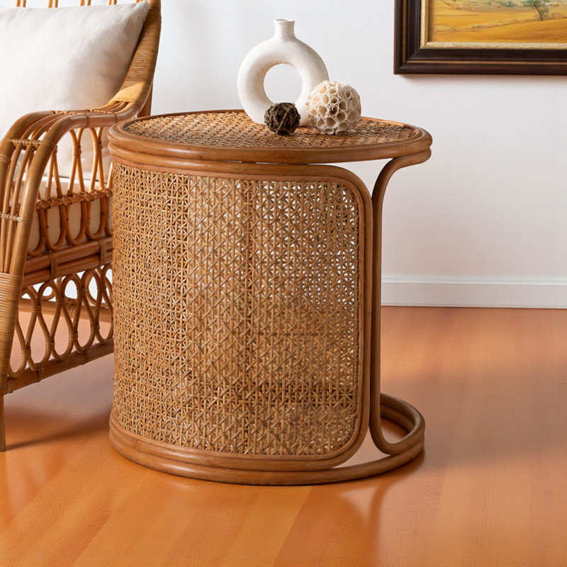 Demetric Large Bohemian Honey Rattan End Table, 23.33" H x 23.33" W x 23.33" D