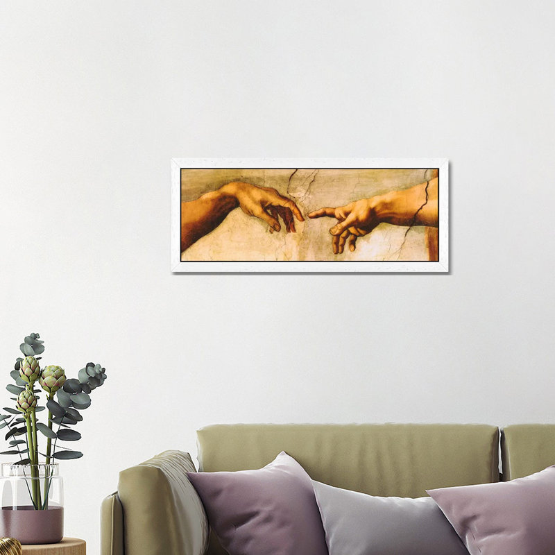 The Creation Of Adam by Michelangelo - Panoramic Painting on Canvas, 152.4 cm H x 50.8 cm W, White Framed