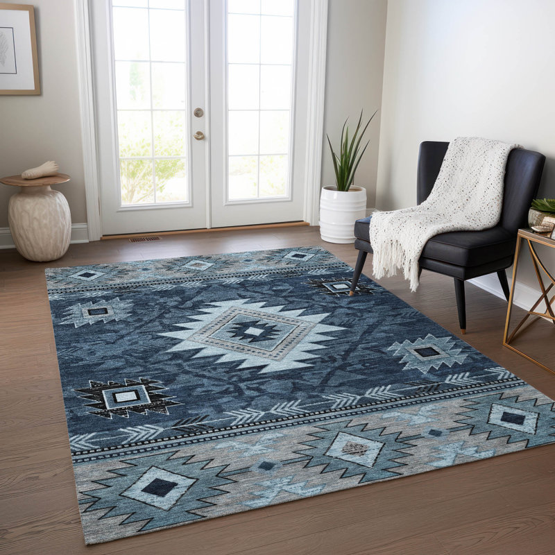 Tapis intérieur / extérieur bleu lavable à la machine Xhevrie, Rectangle 9 pi x 12 pi