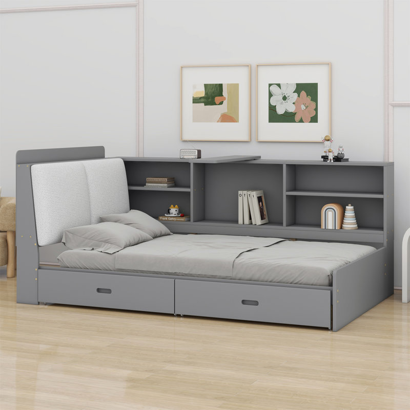 Lit plateforme avec tête de lit avec rangement, tablettes et 2 tiroirs, Gris