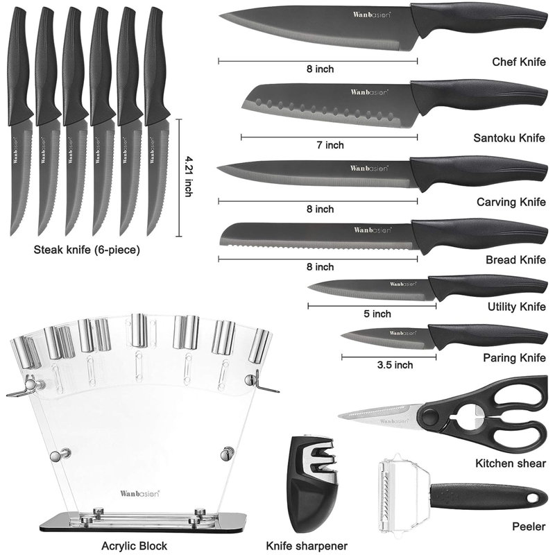 Ensemble de 16 couteaux de cuisine, acier inoxydable, antirouille