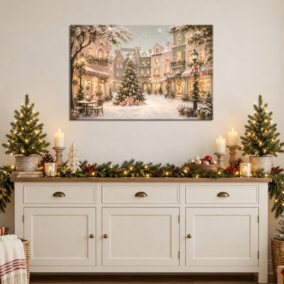 Décoration murale de Noël rose, Tableau de Noël, Toile murale de Noël, Décoration murale d'hiver, Œuvre d'art de Noël, Décoration murale de Noël rose, Scène de village de Noël aux tons pastel doux pour salon ou entrée, 61 x 81 cm