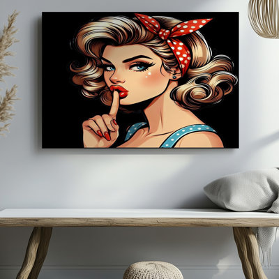 Retro Pin Up Girl Vintage Blonde Woman Pop Art Finger On Lips Canvas Wall Art Print For Living Room, Bedroom, Office, Hallway, Entryway, Gallery Wall And Modern Home Decor