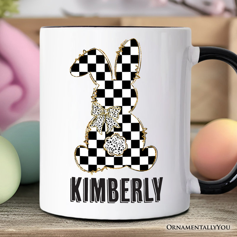 Tasse à carreaux à motif de lapin de Pâques, cadeau de printemps élégant avec nom personnalisé