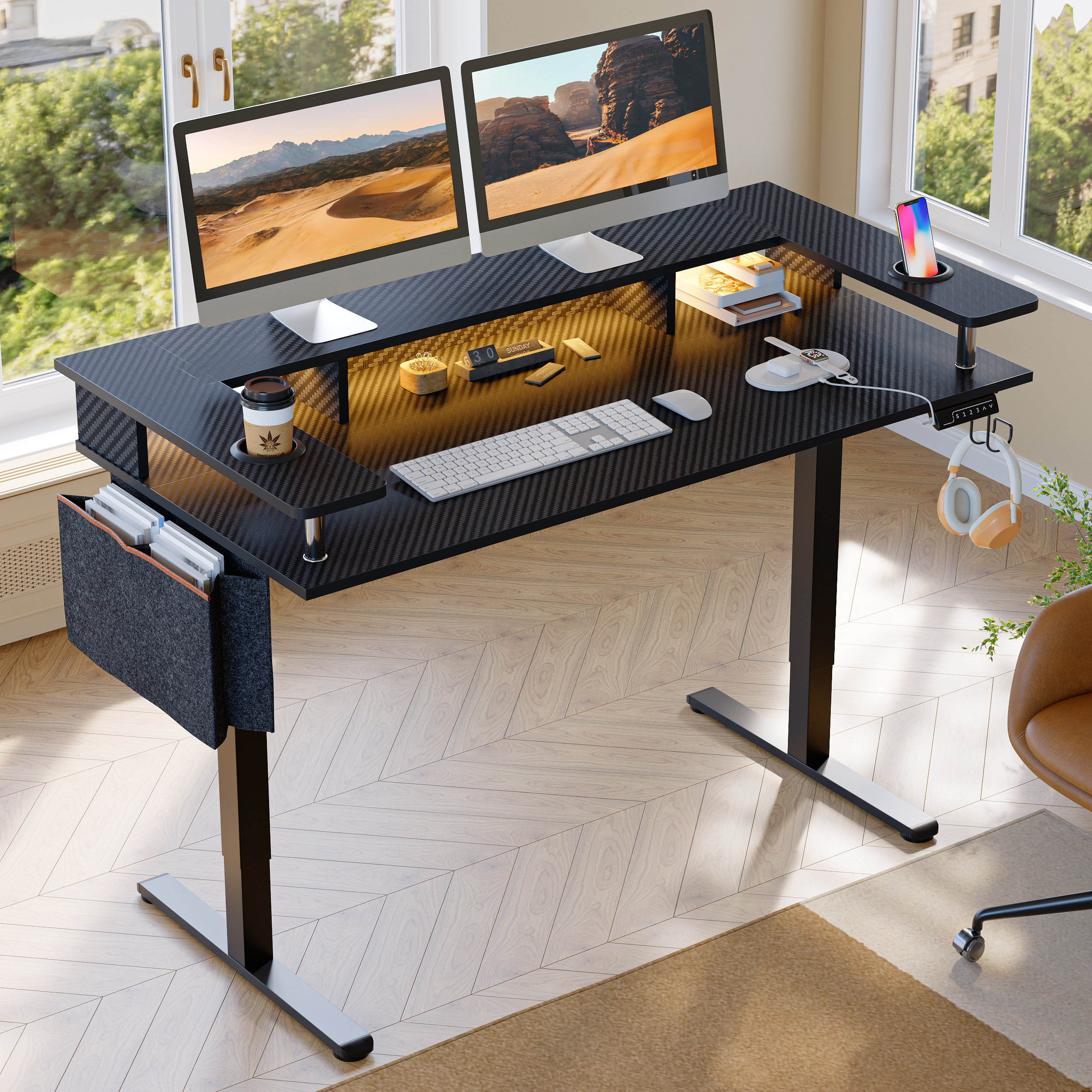 Inbox Zero Maaris 58.1'' W Height Adjustable Standing Desk, Black Gaming  Led Desk With Long Monitor Stand