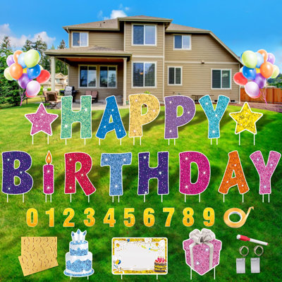 18 panneaux de joyeux anniversaire avec 32,8 pi de lumière, 16 pouces de grande taille avec des piquets, des panneaux de cour d'anniversaire personnalisés et résistants aux intempéries, décoration de fête de jardin sur la pelouse (colorée)