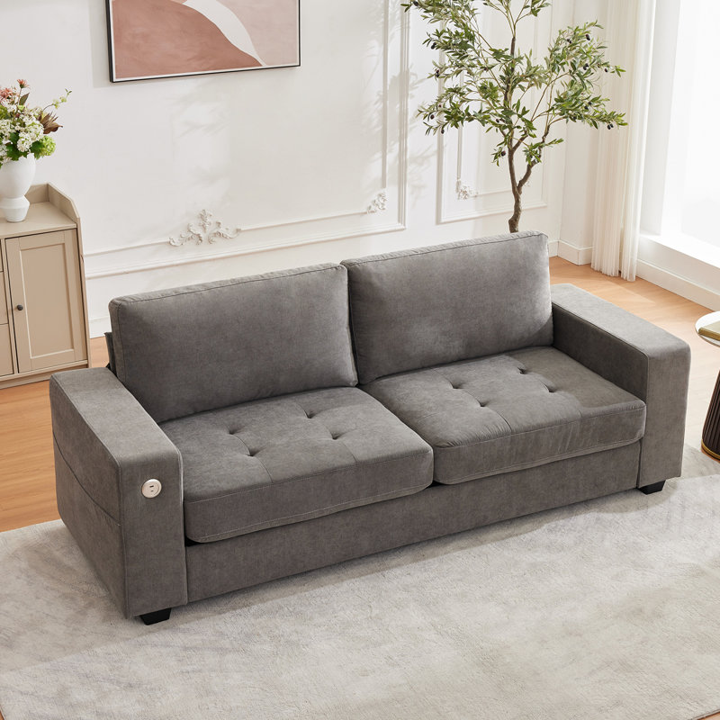 Multifunctional L-Shaped Sofa Bed with USB & Type-C Charging Ports, Convertible Sectional Sofa with Storage Pockets & Removable Cushion Covers, Wood Frame for Living Room & Small Spaces (