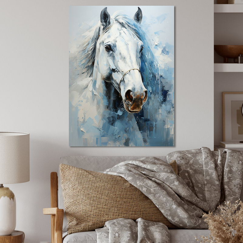 Cheval blanc blanc bleu sérénité révélée pointillisme II - animaux, décoration murale en métal, H 20 po x l 12 po x P 1 po
