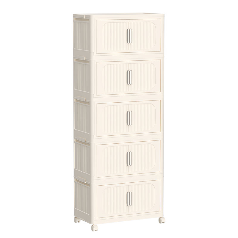 Blanc crème, armoire de rangement pliante latérale large de 19,69 po, 5 niveaux, 19,69 po x 11,81 po x 50,00 po, bacs de rangement pliables avec porte magnétique, armoire de rangement en plastique avec roues