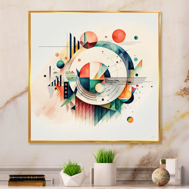 Art géométrique multicolore - peinture sur toile, H 24 po x l 24 po x P 1 po, Toile avec cadre flottant or