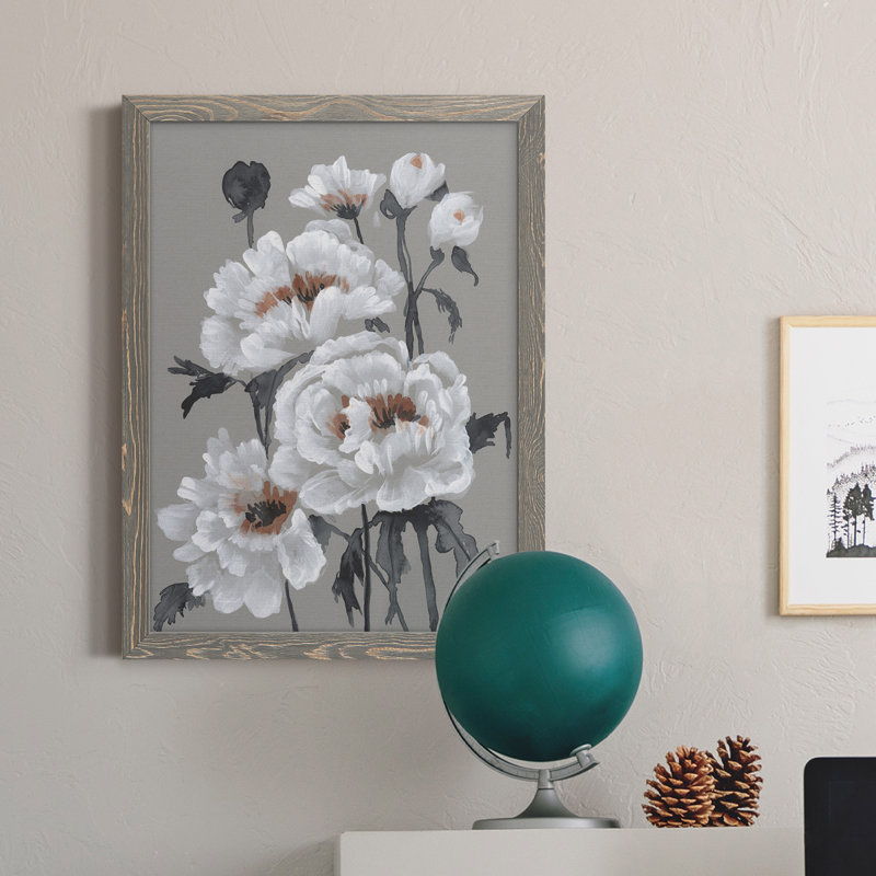 Peony Profusion II - peinture sur toile encadrée, H 24 po x l 20 po x P 1 po, Gris