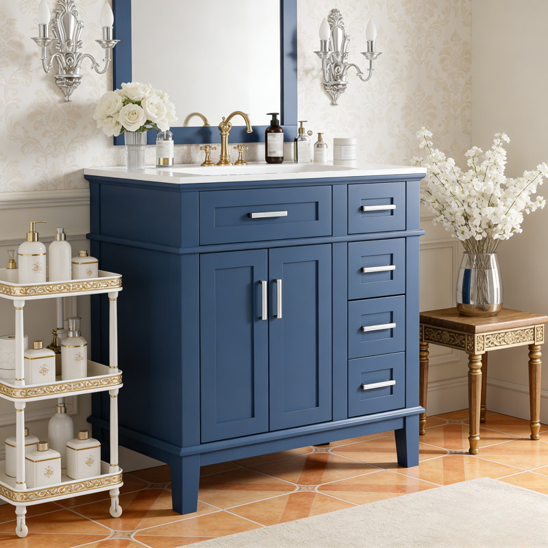 Meuble-lavabo moderne de 30 po avec lavabo en céramique, armoire de rangement à fermeture en douceur, tiroirs profonds et standards pour les petites salles de bain