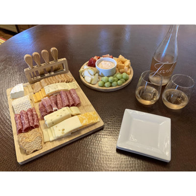 Bamboo Charcuterie Board Serving Set with Stainless Steel Cheese Knives and Fruit Tray for Party Entertaining