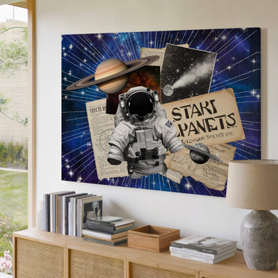 Toile, un collage à thème cosmique vibrant centré sur un art mural noir et blanc, un astronaute dans une combinaison d'espace texturée posée sur un art mural