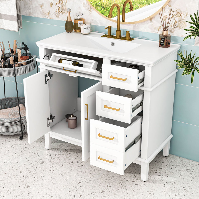 Meuble-lavabo de 36 po avec comptoir en céramique, portes à fermeture douce et 4 tiroirs de rangement, Blanc