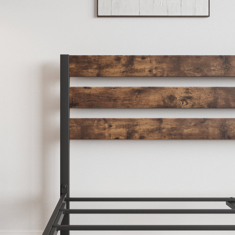 Platform Bed with Rustic Wood Headboard Metal Bed Modern Bed, Full, Brown
