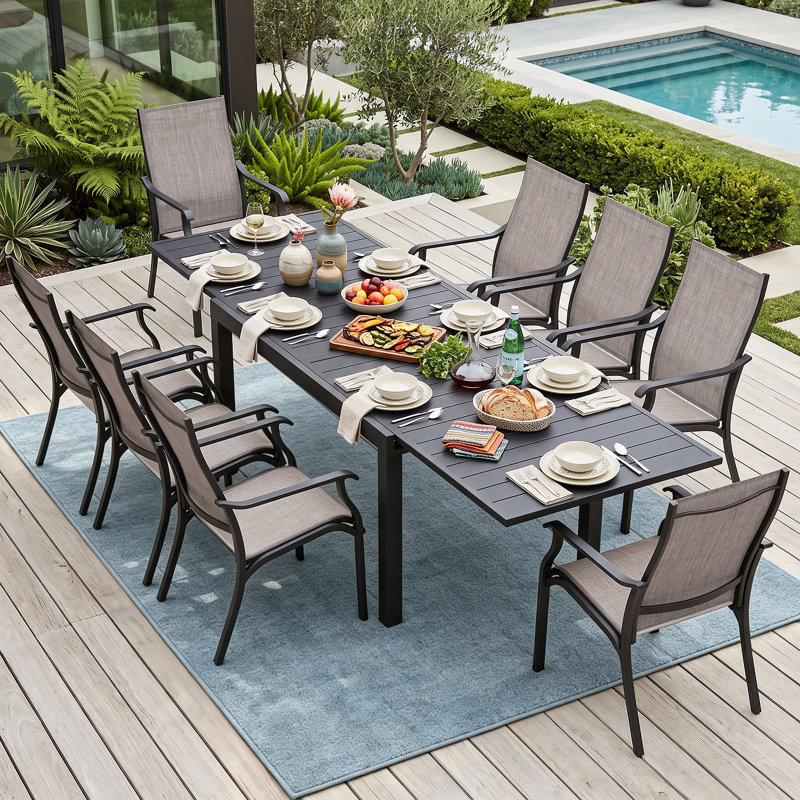 Ensemble de salle à manger d'extérieur 9 pièces en aluminium textilène, table extensible