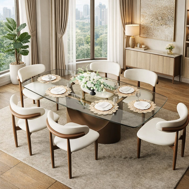 Modern Glass Dining Table with Pedestal Base, Rectangular Tempered Glass Top for 4-8, Clear/Bronze