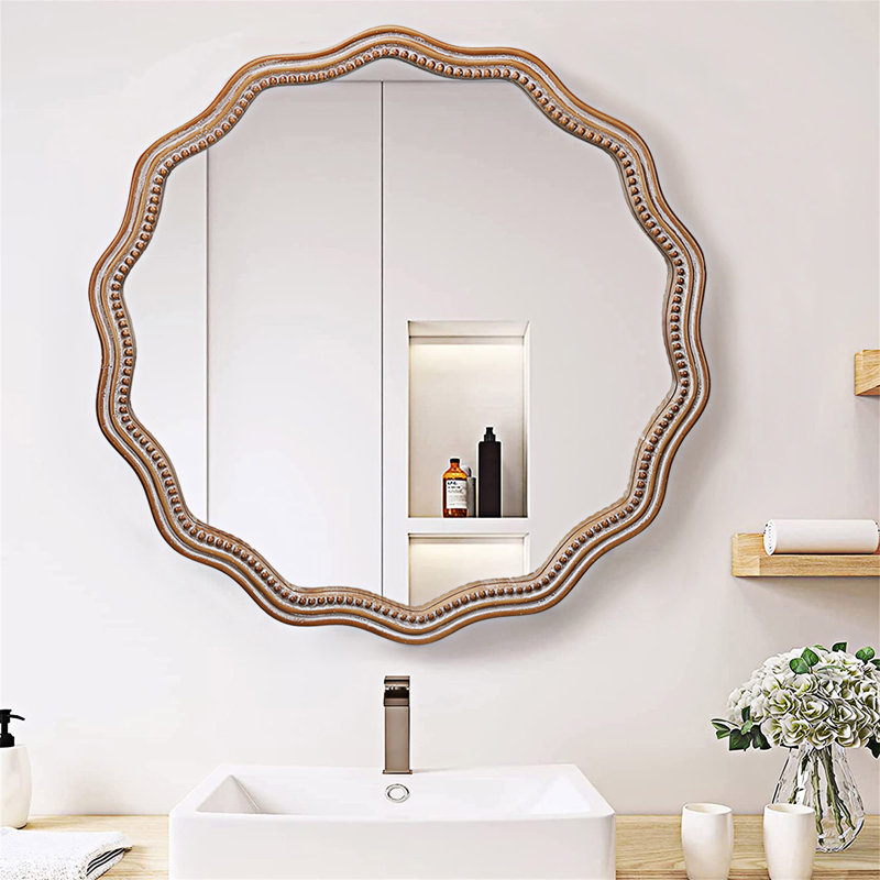 Miroir mural rond en bois, 23,63 po x 23,63 po, Naturel antique