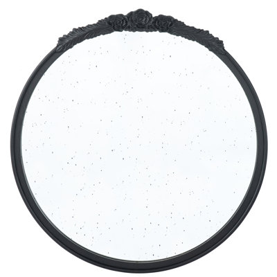 Hand Rose Antique Mirror Frame, 30"X30", Black, For Bathroom, Entryway Wall Black Round Frame With Decoration, Live Space