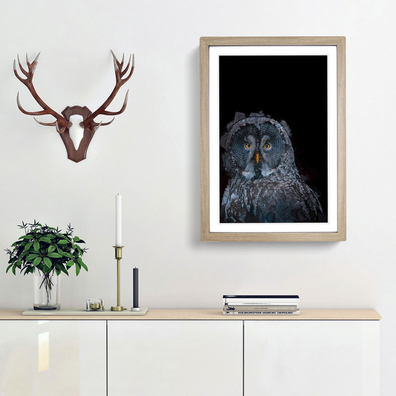 Great Grey Owl in Abstract - Picture Frame Graphic Art Print, 48cm H x 36cm W x 2cm D, Oak Framed