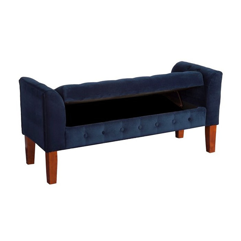 Banc de rangement à couvercle rabattable rembourré, Velours bleu marine foncé