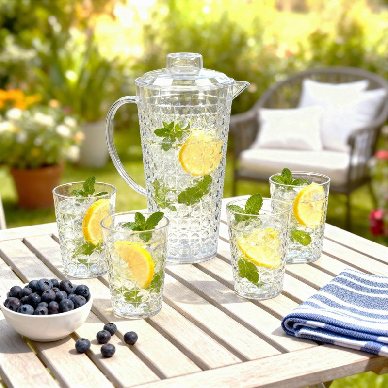 Plastic Water Jug 2L With Lid And 4 Cups BPA Free Shatterproof Drink Set Juice Lemonade Iced Tea Pitcher Outdoor Indoor Use Bubble