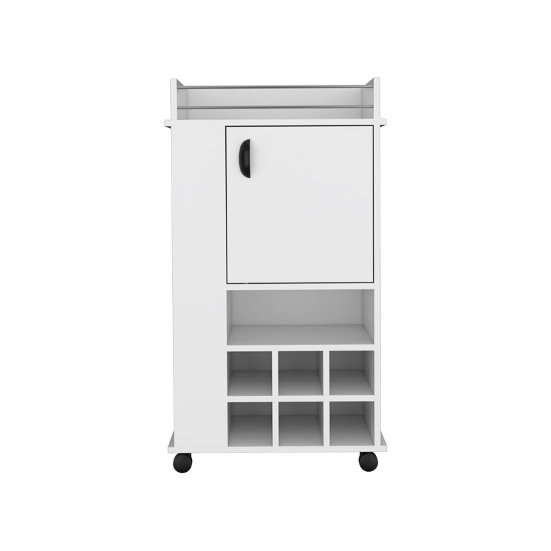 Fargo Bar Cart with Cabinet, 6 Built-in Wine Rack and Casters, White