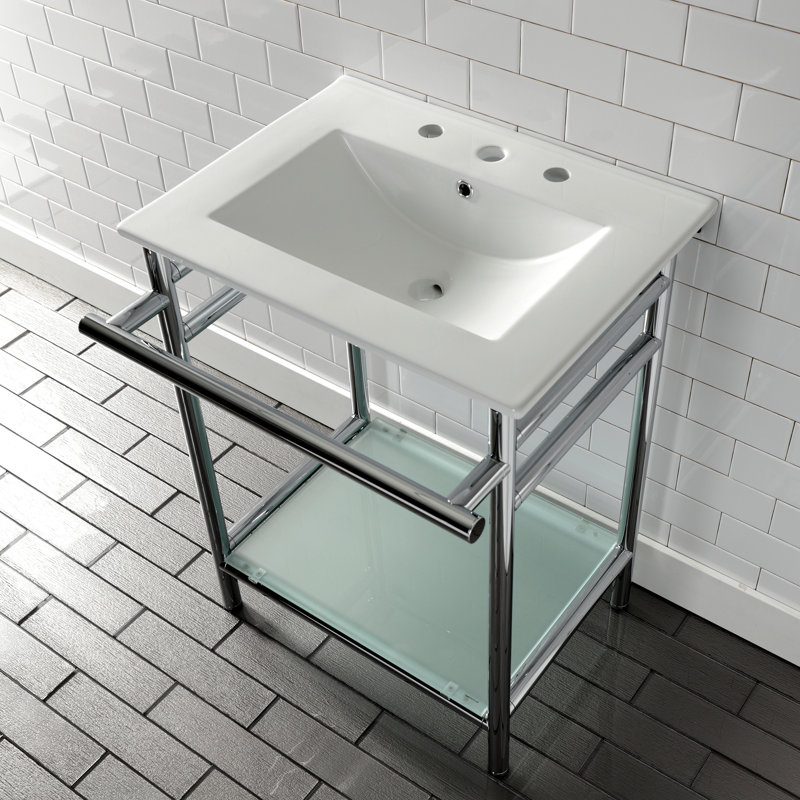 Kingston Brass Sheridan 24-Inch Ceramic Console Sink with Stainless Steel Legs and Glass Shelf (3-Hole), 8" Centers